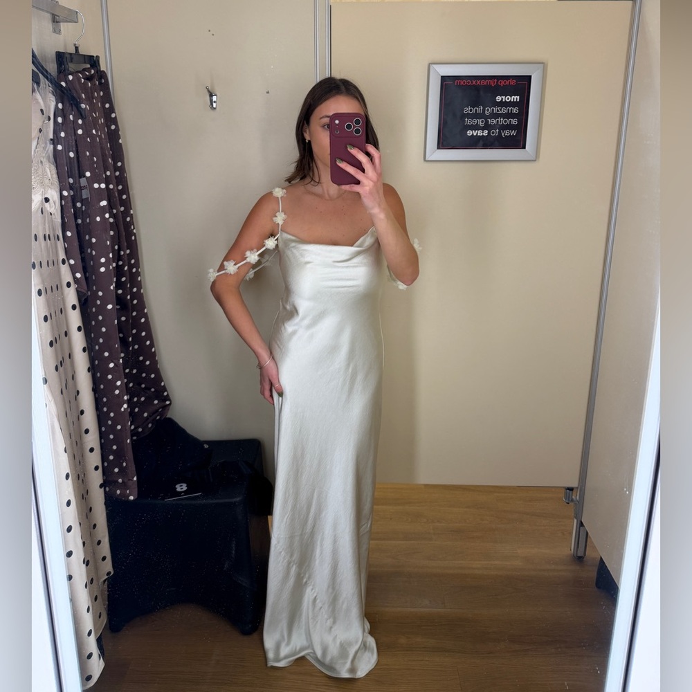 Caroline Constas Satin Dress with Floral Strap Detail